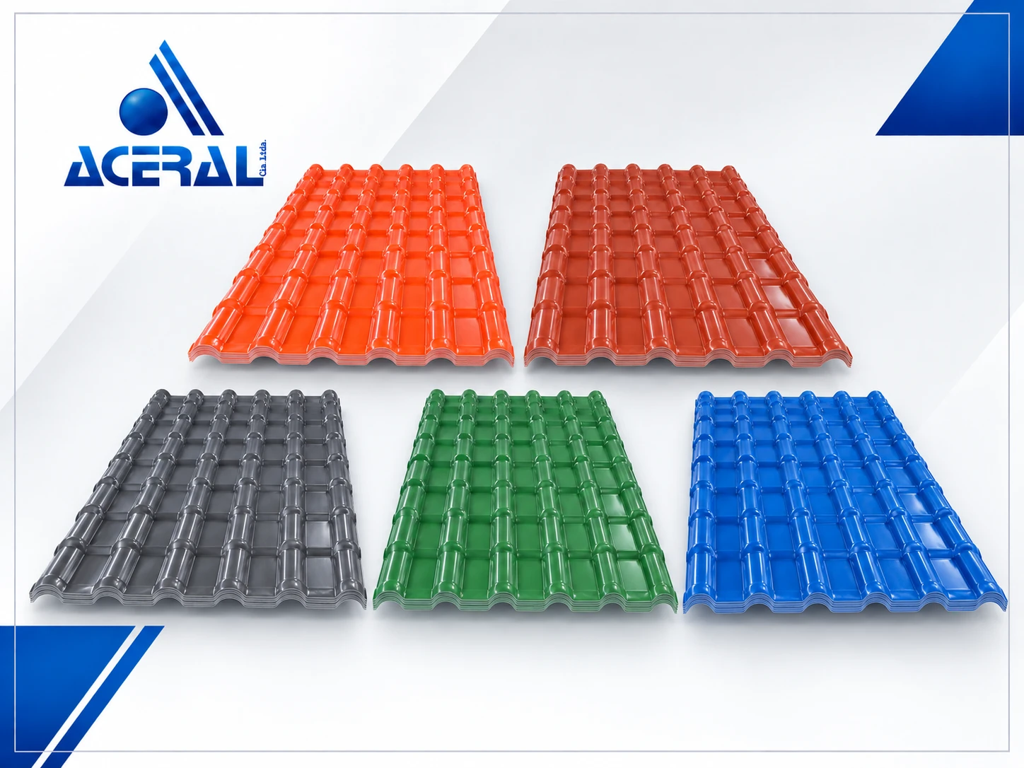 Teja española de PVC Aceral en cinco colores: naranja, terracota, gris, verde y azul